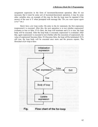 A Reference Book On C Programming
62
assignment expression in the form of increment/decrement operation. (But it's not
necessary that it must be some sort of increment/decrement operation, it may be some
other variables also; an example of this may be that the loop must be repeated if the
answer of the user is Y when prompted with message like "Do you want repeat again
(y/n)?" etc.)
Here's how a for loop works: On entry to the for statement, the first expression
(expression1) is executed. After this, the next operation is to test whether expression2
evaluates to true or false. If it's false, the loop will terminate and if it is true, the loop
body will be executed. After the loop body is executed, expression3 is evaluated. After
that, again expression2 is executed to test whether after the execution of expression3, the
value of expression2 becomes false. If it becomes false, the loop will be terminated. If it's
still true, the loop body will be executed once more and the process repeats. The
flowchart of for loop is here:
 
