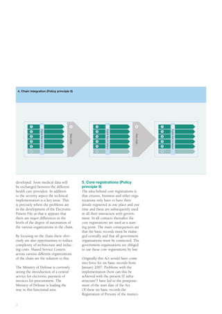 4. Chain integration (Policy principle 8)




                                               This box is for the placement of a graphic.
             1             7
                                               Right-click on 1this box and change8 content
                                               8                     7                                           1          7
                     Digital ﬁles & folders




                                                                           Digital ﬁles & folders




                                                                                                                     Digital ﬁles & folders
             2                                                2                                                  2
                                              to picture and place the appropriate artwork.
                                              View chain




             3                                                3
                                                                                                    View chain   3

             4                                                      4                                            4

             5                                                      5                                            5

             6                                                      6                                            6




developed. Soon medical data will                          5. Core registrations (Policy
be exchanged between the different                         principle 9)
health care providers. In addition                         The idea behind core registrations is
to the security aspect the technical                       that citizens, business and other orga-
implementation is a key issue. This                        nizations only have to have their
is precisely where the problems are                        details registered at one place and one
in the development of the Electronic                       time and these are subsequently used
Patient File as that it appears that                       in all their interaction with govern-
there are major differences in the                         ment. In all contacts thereafter the
levels of the degree of automation of                      core registrations are used as a start-
the various organizations in the chain.                    ing point. The main consequences are
                                                           that the basic records must be mana-
By focusing on the chain there obvi-                       ged centrally and that all government
ously are also opportunities to reduce                     organizations must be connected. The
complexity of architecture and reduc-                      government organizations are obliged
ing costs. Shared Service Centers                          to use these core registrations by law.
across various different organizations
of the chain are the solution to this.                     Originally this Act would have come
                                                           into force for six basic records from
The Ministry of Defense is currently                       January 2007. Problems with the
seeing the introduction of a central                       implementation (how can this be
service for electronic payment of                          achieved with the present IT infra-
invoices for procurement. The                              structure?) have led to the postpone-
Ministry of Defense is leading the                         ment of the start date of the Act.
way in this functional area.                               Of these six basic records the
                                                           Registration of Persons of the munici-

4
 