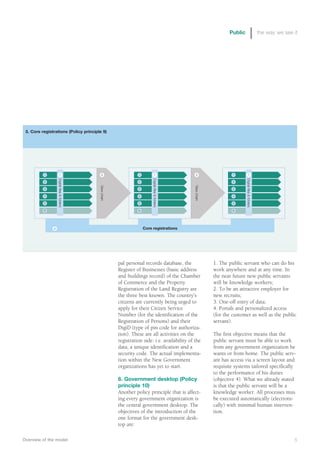 Public                            the way we see it




 5. Core registrations (Policy principle 9)




          1              7                   This box is for the placement of a 8
                                               8           1      7             graphic.                                   1             7
                   Digital ﬁles & folders




                                                                            Digital ﬁles & folders




                                                                                                                                  Digital ﬁles & folders
          2
                                             Right-click on this box and change content
                                                           2                                                               2
                                            View chain




                                                                                                     View chain
          3                                                3                                                               3

          4
                                            to picture and place the appropriate artwork.
                                                           4                                                               4

          5                                                        5                                                       5

          6                                                        6                                                       6




               9                                                       Core registrations




                                                         pal personal records database, the                       1. The public servant who can do his
                                                         Register of Businesses (basic address                    work anywhere and at any time. In
                                                         and buildings record) of the Chamber                     the near future new public servants
                                                         of Commerce and the Property                             will be knowledge workers;
                                                         Registration of the Land Registry are                    2. To be an attractive employer for
                                                         the three best known. The country’s                      new recruits;
                                                         citizens are currently being urged to                    3. One-off entry of data;
                                                         apply for their Citizen Service                          4. Portals and personalized access
                                                         Number (for the identification of the                    (for the customer as well as the public
                                                         Registration of Persons) and their                       servant).
                                                         DigiD (type of pin code for authoriza-
                                                         tion). These are all activities on the                   The first objective means that the
                                                         registration side: i.e. availability of the              public servant must be able to work
                                                         data, a unique identification and a                      from any government organization he
                                                         security code. The actual implementa-                    wants or from home. The public serv-
                                                         tion within the New Government                           ant has access via a screen layout and
                                                         organizations has yet to start.                          requisite systems tailored specifically
                                                                                                                  to the performance of his duties
                                                         6. Government desktop (Policy                            (objective 4). What we already stated
                                                         principle 10)                                            is that the public servant will be a
                                                         Another policy principle that is affect-                 knowledge worker. All processes mus
                                                         ing every government organization is                     be executed automatically (electroni-
                                                         the central government desktop. The                      cally) with minimal human interven-
                                                         objectives of the introduction of the                    tion.
                                                         one format for the government desk-
                                                         top are:

Overview of the model                                                                                                                                                     5
 