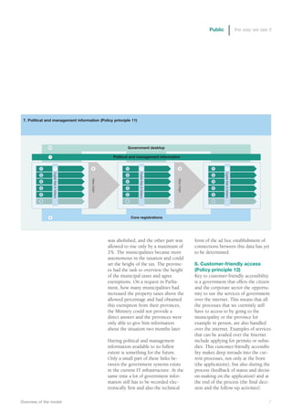Public                            the way we see it




 7. Political and management information (Policy principle 11)




              10                                                   Government desktop

              11
                                             This boxPolitical and management information
                                                       is for the placement of a graphic.
          1              7                   Right-click on 1this box and change8 content
                                             8                       7                                                     1             7
                   Digital ﬁles & folders




                                                                            Digital ﬁles & folders




                                                                                                                                  Digital ﬁles & folders
          2
                                            to picture and place the appropriate artwork.
                                                             2                                                             2
                                            View chain




                                                                                                     View chain
          3                                                        3                                                       3

          4                                                        4                                                       4

          5                                                        5                                                       5

          6                                                        6                                                       6




               9                                                       Core registrations




                                                         was abolished, and the other part was                    form of the ad hoc establishment of
                                                         allowed to rise only by a maximum of                     connections between this data has yet
                                                         2%. The municipalities became more                       to be determined.
                                                         autonomous in the taxation and could
                                                         set the height of the tax. The provinc-                  8. Customer-friendly access
                                                         es had the task to overview the height                   (Policy principle 12)
                                                         of the municipal taxes and agree                         Key to customer-friendly accessibility
                                                         exemptions. On a request in Parlia-                      is a government that offers the citizen
                                                         ment, how many municipalities had                        and the corporate sector the opportu-
                                                         increased the property taxes above the                   nity to use the services of government
                                                         allowed percentage and had obtained                      over the internet. This means that all
                                                         this exemption from their provinces,                     the processes that we currently still
                                                         the Ministry could not provide a                         have to access to by going to the
                                                         direct answer and the provinces were                     municipality or the province for
                                                         only able to give him information                        example in person, are also handled
                                                         about the situation two months later.                    over the internet. Examples of services
                                                                                                                  that can be availed over the Internet
                                                         Having political and management                          include applying for permits or subsi-
                                                         information available to its fullest                     dies. This customer-friendly accessibi-
                                                         extent is something for the future.                      lity makes deep inroads into the cur-
                                                         Only a small part of these links be-                     rent processes, not only at the front
                                                         tween the government systems exists                      (the applications), but also during the
                                                         in the current IT infrastructure. At the                 process (feedback of status and decisi-
                                                         same time a lot of government infor-                     on-making on the application) and at
                                                         mation still has to be recorded elec-                    the end of the process (the final deci-
                                                         tronically first and also the technical                  sion and the follow-up activities).

Overview of the model                                                                                                                                                     7
 