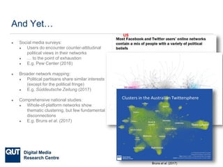 @qutdmrc
Pew Center (2016)
Süddeutsche Zeitung (2017)
Bruns et al. (2017)
And Yet…
● Social media surveys:
● Users do encounter counter-attitudinal
political views in their networks
● … to the point of exhaustion
● E.g. Pew Center (2016)
● Broader network mapping:
● Political partisans share similar interests
(except for the political fringe)
● E.g. Süddeutsche Zeitung (2017)
● Comprehensive national studies:
● Whole-of-platform networks show
thematic clustering, but few fundamental
disconnections
● E.g. Bruns et al. (2017)
US
 