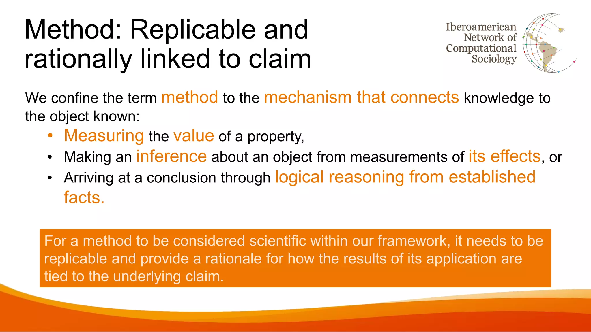Method: Replicable and
rationally linked to claim
We confine the term method to the mechanism that connects knowledge to
the object known:
• Measuring the value of a property,
• Making an inference about an object from measurements of its effects, or
• Arriving at a conclusion through logical reasoning from established
facts.
For a method to be considered scientific within our framework, it needs to be
replicable and provide a rationale for how the results of its application are
tied to the underlying claim.
 