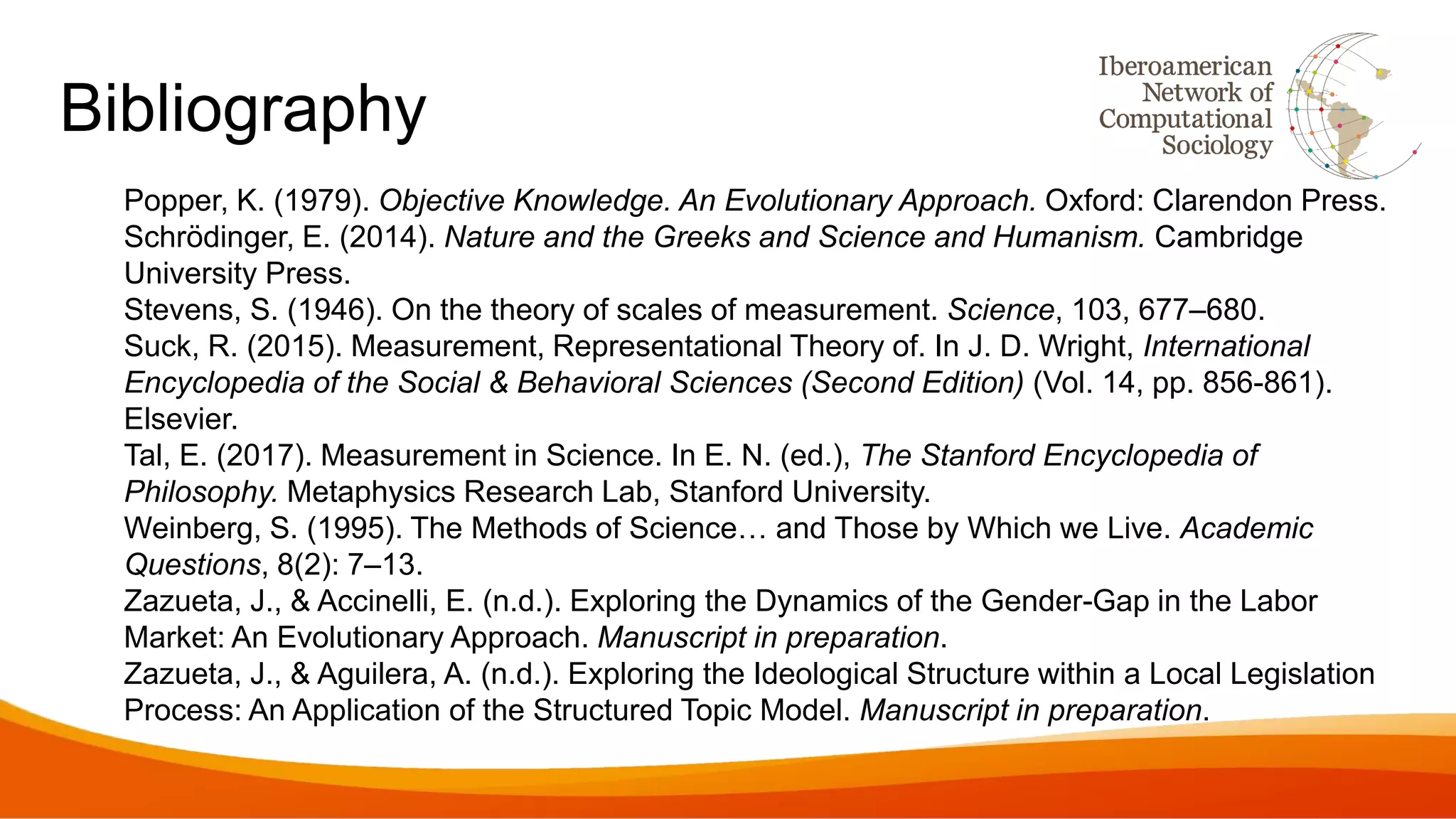 Bibliography
Popper, K. (1979). Objective Knowledge. An Evolutionary Approach. Oxford: Clarendon Press.
Schrödinger, E. (2014). Nature and the Greeks and Science and Humanism. Cambridge
University Press.
Stevens, S. (1946). On the theory of scales of measurement. Science, 103, 677–680.
Suck, R. (2015). Measurement, Representational Theory of. In J. D. Wright, International
Encyclopedia of the Social & Behavioral Sciences (Second Edition) (Vol. 14, pp. 856-861).
Elsevier.
Tal, E. (2017). Measurement in Science. In E. N. (ed.), The Stanford Encyclopedia of
Philosophy. Metaphysics Research Lab, Stanford University.
Weinberg, S. (1995). The Methods of Science… and Those by Which we Live. Academic
Questions, 8(2): 7–13.
Zazueta, J., & Accinelli, E. (n.d.). Exploring the Dynamics of the Gender-Gap in the Labor
Market: An Evolutionary Approach. Manuscript in preparation.
Zazueta, J., & Aguilera, A. (n.d.). Exploring the Ideological Structure within a Local Legislation
Process: An Application of the Structured Topic Model. Manuscript in preparation.
 