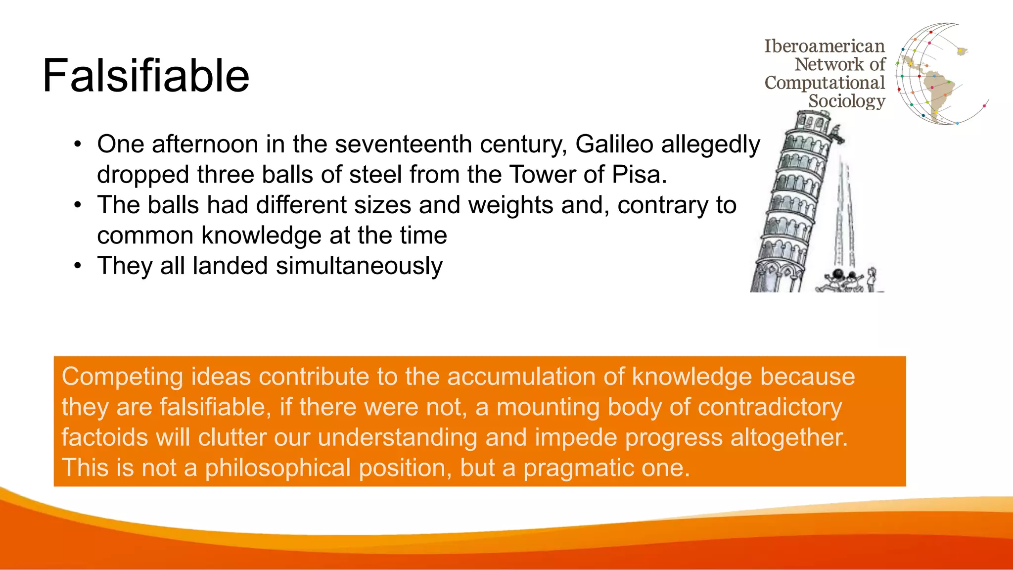 Falsifiable
Competing ideas contribute to the accumulation of knowledge because
they are falsifiable, if there were not, a mounting body of contradictory
factoids will clutter our understanding and impede progress altogether.
This is not a philosophical position, but a pragmatic one.
• One afternoon in the seventeenth century, Galileo allegedly
dropped three balls of steel from the Tower of Pisa.
• The balls had different sizes and weights and, contrary to
common knowledge at the time
• They all landed simultaneously
 