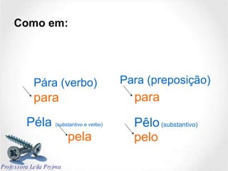 Como em: Pára (verbo) Para (preposição) Pêlo  (substantivo) Péla  (substantivo e verbo) para para pela pelo Professora Leila Pryjma 
