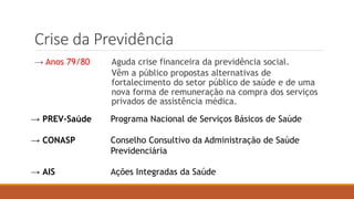 Crise da Previdência
→ Anos 79/80 Aguda crise financeira da previdência social.
Vêm a público propostas alternativas de
fortalecimento do setor público de saúde e de uma
nova forma de remuneração na compra dos serviços
privados de assistência médica.
→ PREV-Saúde Programa Nacional de Serviços Básicos de Saúde
→ CONASP Conselho Consultivo da Administração de Saúde
Previdenciária
→ AIS Ações Integradas da Saúde
 