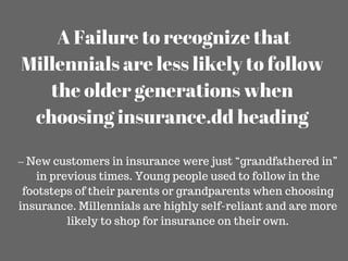 A Failure to recognize that
Millennials are less likely to follow
the older generations when
choosing insurance.dd heading...