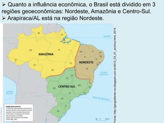  Quanto a influência econômica, o Brasil está dividido em 3
regiões geoeconômicas: Nordeste, Amazônia e Centro-Sul.
 Arapiraca/AL está na região Nordeste.
Fonte:http://geografando-rsv.blogspot.com.br/2013_03_01_archive.html,2014.
 