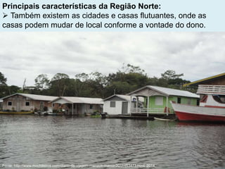Principais características da Região Norte:
 Também existem as cidades e casas flutuantes, onde as
casas podem mudar de local conforme a vontade do dono.
Fonte: http://www.mochileiros.com/diario-de-viagem-manaus-marco-2011-t53473.html, 2014.
 