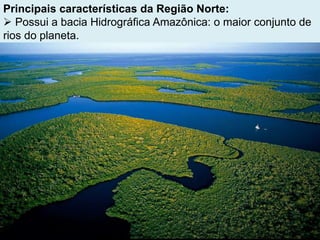 Principais características da Região Norte:
 Possui a bacia Hidrográfica Amazônica: o maior conjunto de
rios do planeta.
 