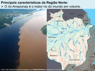 Principais características da Região Norte:
 O rio Amazonas é o maior rio do mundo em volume.
Fonte: http://alexandrerjesus03.blogspot.com.br/2010/07/planicie-amazonica.html, 2014.
 