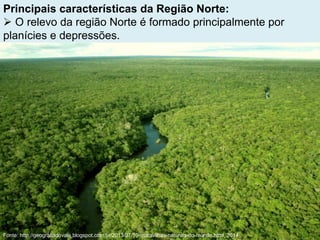 Principais características da Região Norte:
 O relevo da região Norte é formado principalmente por
planícies e depressões.
Fonte: http://geografiadovale.blogspot.com.br/2013/07/10-maravilhas-naturais-do-mundo.html, 2014.
 