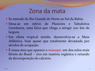 Zona da mata
  Se estende do Rio Grande do Norte ao Sul da Bahia.
  Situa-se   em relevo de Planícies e Tabuleiros
   Litorâneos, uma faixa que chega a atingir 200 km de
   largura.
  Em clima tropical úmido, desenvolvia-se a Mata
   Atlântica, hoje quase que totalmente devastada por
   séculos de ocupação.
  É nessa área que aparece o massapé, um dos solos mais
   férteis do Brasil – rico em matéria orgânica e oriundo
   da decomposição do calcário.

11:25                                                   11
 