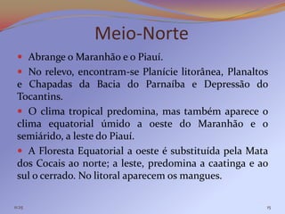 Meio-Norte
  Abrange o Maranhão e o Piauí.
  No relevo, encontram-se Planície litorânea, Planaltos
 e Chapadas da Bacia do Parnaíba e Depressão do
 Tocantins.
  O clima tropical predomina, mas também aparece o
 clima equatorial úmido a oeste do Maranhão e o
 semiárido, a leste do Piauí.
  A Floresta Equatorial a oeste é substituída pela Mata
 dos Cocais ao norte; a leste, predomina a caatinga e ao
 sul o cerrado. No litoral aparecem os mangues.

11:25                                                  15
 