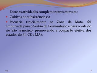 Entre as atividades complementares estavam:
  Cultivos de subsistência e a
  Pecuária (inicialmente na Zona da Mata, foi
 empurrada para o Sertão de Pernambuco e para o vale do
 rio São Francisco, promovendo a ocupação efetiva dos
 estados do PI, CE e MA).




11:25                                                 20
 