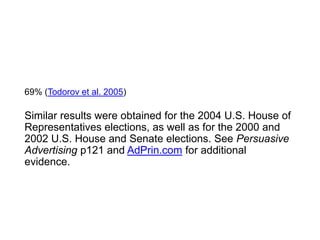 69% (Todorov et al. 2005)Similar results were obtained for the 2004 U.S. House of Representatives elections, as well as for the 2000 and 2002 U.S. House and Senate elections. See Persuasive Advertising p121 and AdPrin.com for additional evidence.
