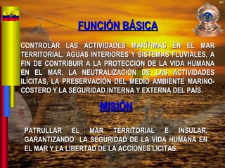 FUNCIÓN BÁSICAFUNCIÓN BÁSICA
CONTROLAR LAS ACTIVIDADES MARÍTIMAS EN EL MARCONTROLAR LAS ACTIVIDADES MARÍTIMAS EN EL MAR
TERRITORIAL, AGUAS INTERIORES Y SISTEMAS FLUVIALES, ATERRITORIAL, AGUAS INTERIORES Y SISTEMAS FLUVIALES, A
FIN DE CONTRIBUIR A LA PROTECCIÓN DE LA VIDA HUMANAFIN DE CONTRIBUIR A LA PROTECCIÓN DE LA VIDA HUMANA
EN EL MAR, LA NEUTRALIZACIÓN DE LAS ACTIVIDADESEN EL MAR, LA NEUTRALIZACIÓN DE LAS ACTIVIDADES
ILÍCITAS, LA PRESERVACIÓN DEL MEDIO AMBIENTE MARINO-ILÍCITAS, LA PRESERVACIÓN DEL MEDIO AMBIENTE MARINO-
COSTERO Y LA SEGURIDAD INTERNA Y EXTERNA DEL PAÍS.COSTERO Y LA SEGURIDAD INTERNA Y EXTERNA DEL PAÍS.
MISIÓNMISIÓN
PATRULLAR EL MAR TERRITORIAL E INSULAR,PATRULLAR EL MAR TERRITORIAL E INSULAR,
GARANTIZANDO LA SEGURIDAD DE LA VIDA HUMANA ENGARANTIZANDO LA SEGURIDAD DE LA VIDA HUMANA EN
EL MAR Y LA LIBERTAD DE LA ACCIONES LICITAS.EL MAR Y LA LIBERTAD DE LA ACCIONES LICITAS.
 