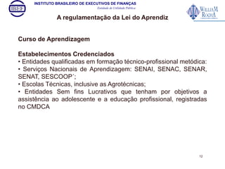 INSTITUTO BRASILEIRO DE EXECUTIVOS DE FINANÇAS 
Entidade de Utilidade Pública 
A regulamentação da Lei do Aprendiz 
Curso de Aprendizagem 
Estabelecimentos Credenciados 
• Entidades qualificadas em formação técnico-profissional metódica: 
• Serviços Nacionais de Aprendizagem: SENAI, SENAC, SENAR, 
SENAT, SESCOOP´; 
• Escolas Técnicas, inclusive as Agrotécnicas; 
• Entidades Sem fins Lucrativos que tenham por objetivos a 
assistência ao adolescente e a educação profissional, registradas 
no CMDCA 
12 
 