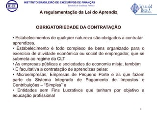 INSTITUTO BRASILEIRO DE EXECUTIVOS DE FINANÇAS 
Entidade de Utilidade Pública 
A regulamentação da Lei do Aprendiz 
OBRIGATORIEDADE DA CONTRATAÇÃO 
• Estabelecimentos de qualquer natureza são obrigados a contratar 
aprendizes. 
• Estabelecimento é todo complexo de bens organizado para o 
exercício de atividade econômica ou social do empregador, que se 
submeta ao regime da CLT 
• As empresas públicas e sociedades de economia mista, também 
• É facultativa a contratação de aprendizes pelas: 
• Microempresas, Empresas de Pequeno Porte e as que fazem 
parte do Sistema Integrado de Pagamento de Impostos e 
Contribuições – “Simples” e 
• Entidades sem Fins Lucrativos que tenham por objetivo a 
educação profissional 
5 
 