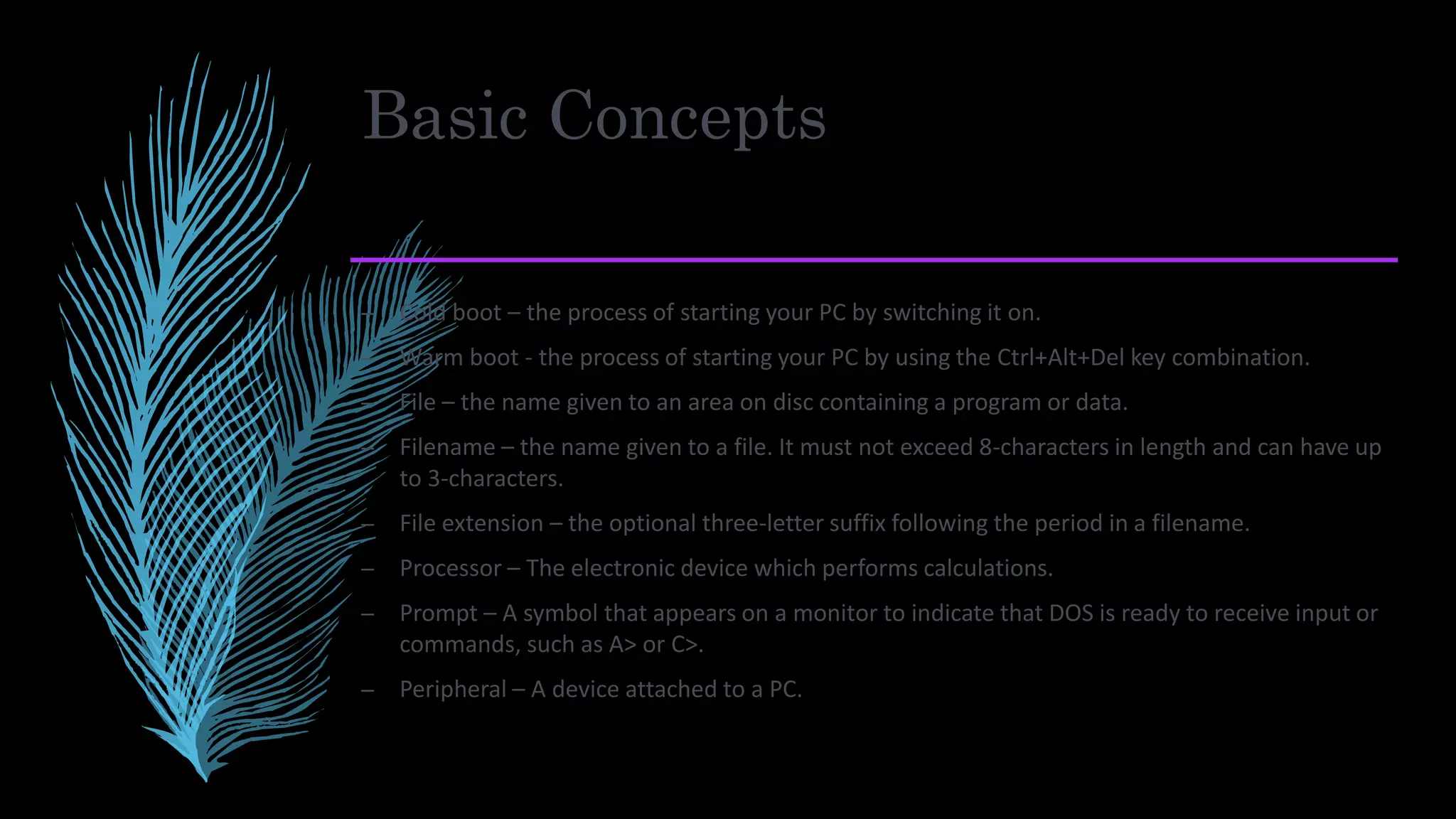 Basic Concepts
– Cold boot – the process of starting your PC by switching it on.
– Warm boot - the process of starting your PC by using the Ctrl+Alt+Del key combination.
– File – the name given to an area on disc containing a program or data.
– Filename – the name given to a file. It must not exceed 8-characters in length and can have up
to 3-characters.
– File extension – the optional three-letter suffix following the period in a filename.
– Processor – The electronic device which performs calculations.
– Prompt – A symbol that appears on a monitor to indicate that DOS is ready to receive input or
commands, such as A> or C>.
– Peripheral – A device attached to a PC.
 