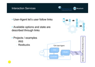 Interaction Services

•  User-Agent let’s user follow links
•  Available options and state are
described through links

*

•  Projects / examples
- 
- 

IRIS
Restbucks

*

 