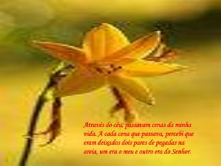 Através do céu, passavam cenas da minha vida. A cada cena que passava, percebi que eram deixados dois pares de pegadas na areia, um era o meu e outro era do Senhor. 