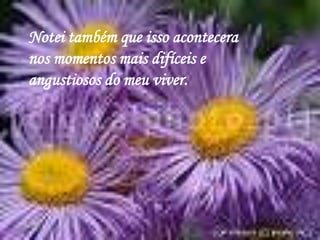 Notei também que isso acontecera nos momentos mais difíceis e angustiosos do meu viver.