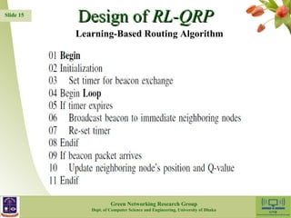 DDeessiiggnn ooff RRLL--QQRRPP 
15 
Slide 15 
Learning-Based Routing Algorithm 
Green Networking Research Group 
Dept. of Computer Science and Engineering, University of Dhaka 
 