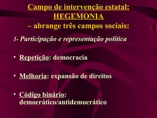 Campo de intervenção estatal: HEGEMONIA – abrange três campos sociais: 1-  Participação e representação política Repetição : democracia Melhoria : expansão de direitos Código binário : democrático/antidemocrático 