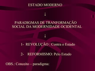 ESTADO MODERNO ↓ PARADIGMAS DE TRANFORMAÇÃO SOCIAL DA MODERNIDADE OCIDENTAL ↓        1-  REVOLUÇÃO : Contra o Estado 2-  REFORMISMO: Pelo Estado  OBS.: Conceito – paradigma: 