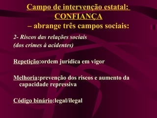 Campo de intervenção estatal:  CONFIANÇA – abrange três campos sociais: 2- Riscos das relações sociais  (dos crimes à acidentes) Repetição :ordem jurídica em vigor Melhoria :prevenção dos riscos e aumento da capacidade repressiva Código binário :legal/ilegal 