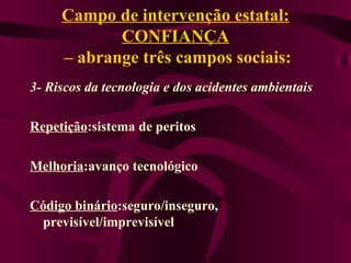 Campo de intervenção estatal: CONFIANÇA  – abrange três campos sociais: 3- Riscos da tecnologia e dos acidentes ambientais Repetição :sistema de peritos Melhoria :avanço tecnológico Código binário :seguro/inseguro, previsível/imprevisível 