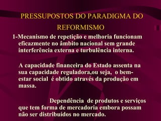   PRESSUPOSTOS DO PARADIGMA DO REFORMISMO   1-Mecanismo de repetição e melhoria funcionam eficazmente no âmbito nacional sem grande  interferência externa e turbulência interna. A capacidade financeira do Estado assenta na sua capacidade reguladora,ou seja,  o bem-estar social  é obtido através da produção em massa.  Dependência  de produtos e serviços que tem forma de mercadoria embora possam não ser distribuídos no mercado.   