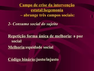 Campo de crise da intervenção estatal:hegemonia  – abrange três campos sociais: 2- Consumo social do sujeito Repetição forma única de melhoria : a paz social Melhoria :equidade social Código binário :justo/injusto 