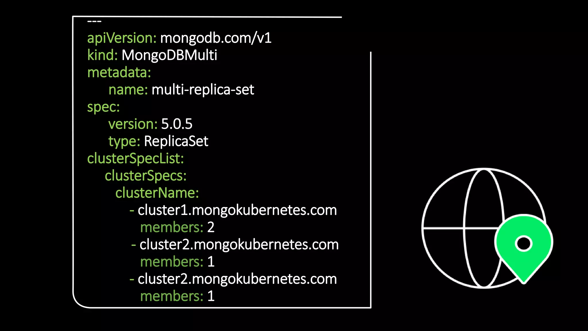 1
7
• 1
7
---
apiVersion: mongodb.com/v1
kind: MongoDBMulti
metadata:
name: multi-replica-set
spec:
version: 5.0.5
type: ReplicaSet
clusterSpecList:
clusterSpecs:
clusterName:
- cluster1.mongokubernetes.com
members: 2
- cluster2.mongokubernetes.com
members: 1
- cluster2.mongokubernetes.com
members: 1
 
