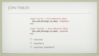 JOIN TABLES
Course.arel_table
Teacher.arel_table
course TABLE
teacher TABLE
courses_teachers TABLE
 