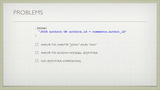 PROBLEMS
.where(
"authors.name = ? AND posts.active = ?",
"Barack Obama", true
)
HAVE TO KNOW MYSQL SYNTAX
 