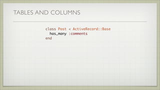 TABLES AND COLUMNS
class Post < ActiveRecord::Base
include ArelHelpers::ArelTable
has_many :comments
end
Post.arel_table[:...