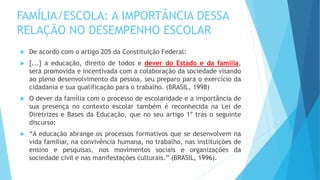FAMÍLIA/ESCOLA: A IMPORTÂNCIA DESSA 
RELAÇÃO NO DESEMPENHO ESCOLAR 
 De acordo com o artigo 205 da Constituição Federal: 
 [...] a educação, direito de todos e dever do Estado e da família, 
será promovida e incentivada com a colaboração da sociedade visando 
ao pleno desenvolvimento da pessoa, seu preparo para o exercício da 
cidadania e sua qualificação para o trabalho. (BRASIL, 1998) 
 O dever da família com o processo de escolaridade e a importância de 
sua presença no contexto escolar também é reconhecida na Lei de 
Diretrizes e Bases da Educação, que no seu artigo 1º trás o seguinte 
discurso: 
 “A educação abrange os processos formativos que se desenvolvem na 
vida familiar, na convivência humana, no trabalho, nas instituições de 
ensino e pesquisas, nos movimentos sociais e organizações da 
sociedade civil e nas manifestações culturais.” (BRASIL, 1996). 
 