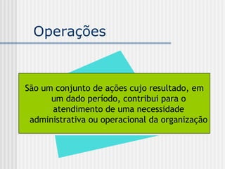 Operações  São um conjunto de ações cujo resultado, em um dado período, contribui para o atendimento de uma necessidade administrativa ou operacional da organização 