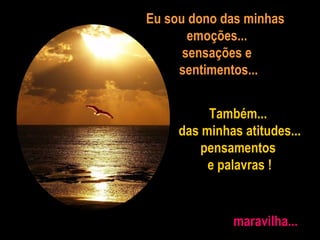 Eu sou dono das minhas  emoções... sensações e sentimentos... Também...  das minhas atitudes... pensamentos  e palavras ! maravilha... 