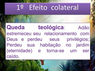 1º Efeito colateral
Queda teológica: Adão
estremeceu seu relacionamento com
Deus e perdeu seus privilégios;
Perdeu sua habitação no jardim
(eternidade) e torna-se um ser
caído.
 
