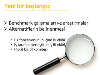 Yeni bir başlangıç

 Benchmark çalışmaları ve araştırmalar
 Alternatiflerin belirlenmesi

   • BT fonksiyonunun içine BI ekibi
   • İş tarafına yerleştirilmiş BI ekibi
   • Hibrit bir BI komitesi
 