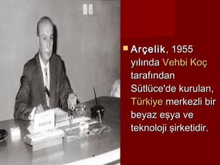  Arçelik , 1955
 yılında Vehbi Koç
 tarafından
 Sütlüce'de kurulan,
 Türkiye merkezli bir
 beyaz eşya ve
 teknoloji şirketidir.
 