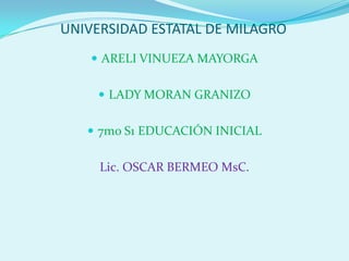 UNIVERSIDAD ESTATAL DE MILAGRO
     ARELI VINUEZA MAYORGA


      LADY MORAN GRANIZO


    7mo S1 EDUCACIÓN INICIAL


     Lic. OSCAR BERMEO MsC.
 