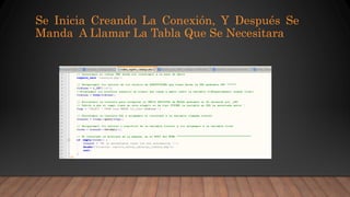 Se Inicia Creando La Conexión, Y Después Se
Manda A Llamar La Tabla Que Se Necesitara
 