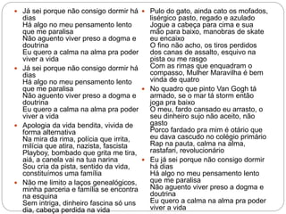  Já sei porque não consigo dormir há
dias
Há algo no meu pensamento lento
que me paralisa
Não aguento viver preso a dogma e
doutrina
Eu quero a calma na alma pra poder
viver a vida
 Já sei porque não consigo dormir há
dias
Há algo no meu pensamento lento
que me paralisa
Não aguento viver preso a dogma e
doutrina
Eu quero a calma na alma pra poder
viver a vida
 Apologia da vida bendita, vivida de
forma alternativa
Na mira da rima, polícia que irrita,
milícia que atira, nazista, fascista
Playboy, bombado que grita me tira,
aiá, a canela vai na tua narina
Sou cria da pista, sentido da vida,
constituímos uma família
 Não me limito a laços genealógicos,
minha parceria e família se encontra
na esquina
Sem intriga, dinheiro fascina só uns
dia, cabeça perdida na vida
 Pulo do gato, ainda cato os mofados,
lisérgico pasto, regado e azulado
Jogue a cabeça para cima e sua
mão para baixo, manobras de skate
eu encaixo
O fino não acho, os tiros perdidos
dos canas de assalto, esquivo na
pista ou me rasgo
Com as rimas que enquadram o
compasso, Mulher Maravilha é bem
vinda de quatro
 No quadro que pinto Van Gogh tá
armado, se o mar tá storm então
joga pra baixo
O meu, fardo cansado eu arrasto, o
seu dinheiro sujo não aceito, não
gasto
Porco fardado pra mim é otário que
eu dava cascudo no colégio primário
Rap na pauta, calma na alma,
rastafari, revolucionário
 Eu já sei porque não consigo dormir
há dias
Há algo no meu pensamento lento
que me paralisa
Não aguento viver preso a dogma e
doutrina
Eu quero a calma na alma pra poder
viver a vida
 
