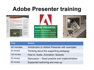 Adobe Presenter training
Time Section
40 minutes Introduction to Adobe Presenter with examples
20 minutes Thinking about the supporting pedagogy
120 minutes How to: Audio, Animation, Quizzes
20 minutes Discussion – Good practice and implementation
90 minutes Supported authoring and mop up
 