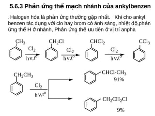 5.6.4 Ôxy hoá hợp chất thơm
a. Ôxy hoá mạch nhánh của ankylbenzen.
Phản ứng này xãy ra dễ

CH3

COOH
KMnO4
H2O, 95oC

NO2
...
