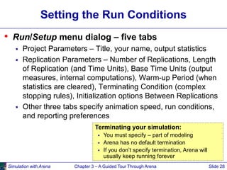 Simulation with Arena Chapter 3 – A Guided Tour Through Arena Slide 28
Setting the Run Conditions
• Run/Setup menu dialog ...